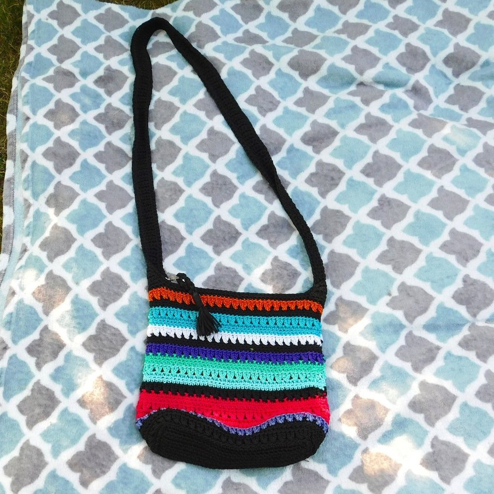 The Sak Black Multi-Color Striped Crocheted Bag